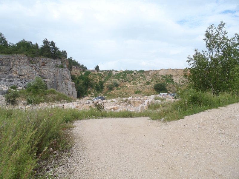 Vue de la carrière après disparition de la Gtte des Fistuleuses.
Vue prise vers le N depuis le chemin de l'entrée basse de la zone dévolue au remblayage. La falaise de Bathonien s'interrompt au niveau d'une faille de 8 m de rejet environ. Au dernier plan à droite : talus de terres inertes remblayant l'ancien site (Entreprise Noirot).
Fichier manquant